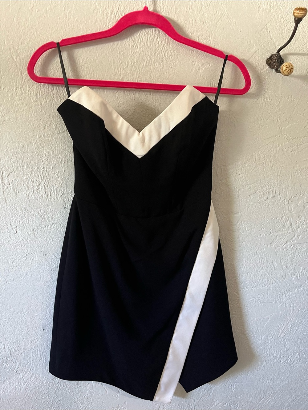 bebe Black Mini Dress with White V-Neck and Diagonal Stripe